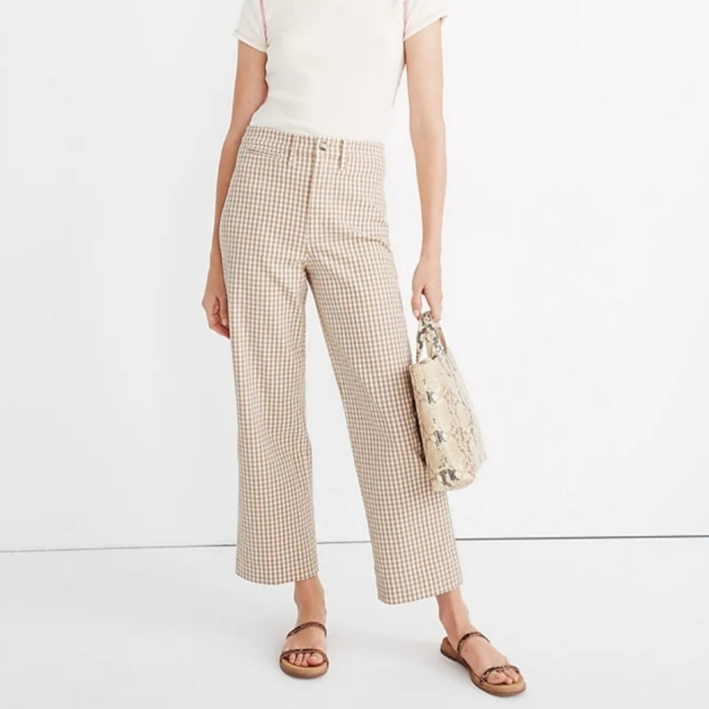 Madewell Slim Emmett Wide-Leg Crop Trousers Beige & White Checkered Size 32